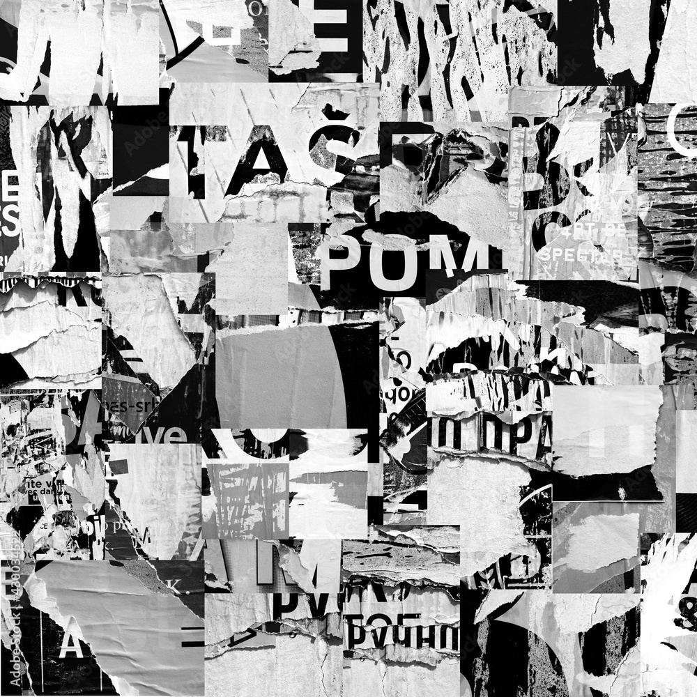 Fototapeta premium Torn street advertisement posters collage background texture creased crumpled ripped paper backdrop surface placard