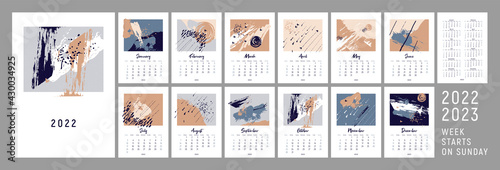 2022 сalendar design. Week starts on Sunday. 2022, 2023. Calendar design. Editable calender page template A4, A3. Vertical. Abstract artistic vector illustrations. Pastel background. Set of 12 months.