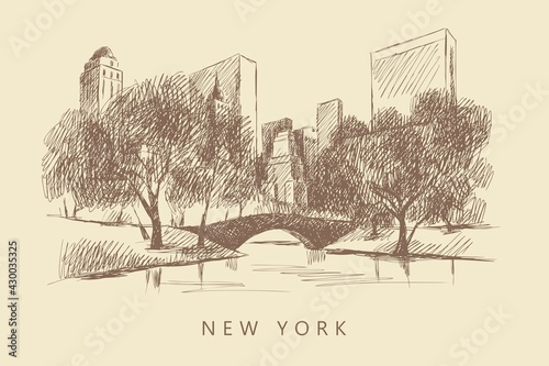 Slika na platnu Sketch of a city with skyscrapers, trees and bridge, New York, Central Park, hand-drawn