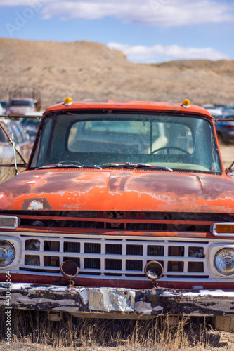 Old junked retro truck from a junk yard.