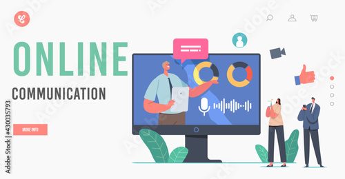 Online Communication  Business Presentation Landing Page Template. Characters Listen Virtual Financial Consultation