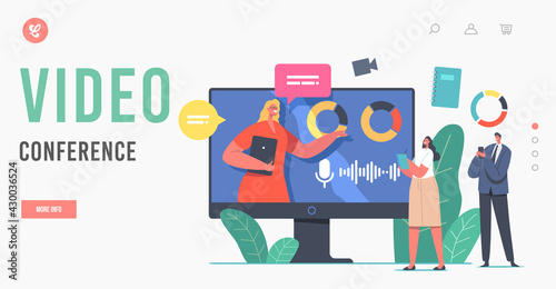 Video Conference, Online Meeting Landing Page Template. Business Speaker Character Financial Report from Huge Monitor