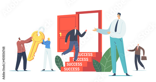 Career Boost, Business Task Solution, Motivation to Success Concept. Business Characters Carry Gold Key to Unlock Door