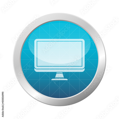 Computer screen icon on light blue shiny circle frame. Chrome metal frame. Vector illustration.