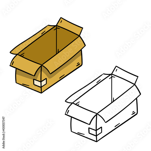 Box. Set of cardboard containers. Objects for packing and moving. Empty package. Parcel and mail. Hand drawn illustration