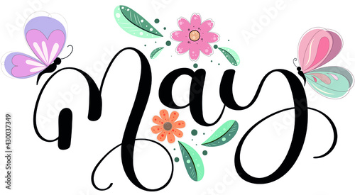 Hello May text hand lettering. MAY month vector with flowers, butterflies and leaves. Decoration floral. Illustration month may photo