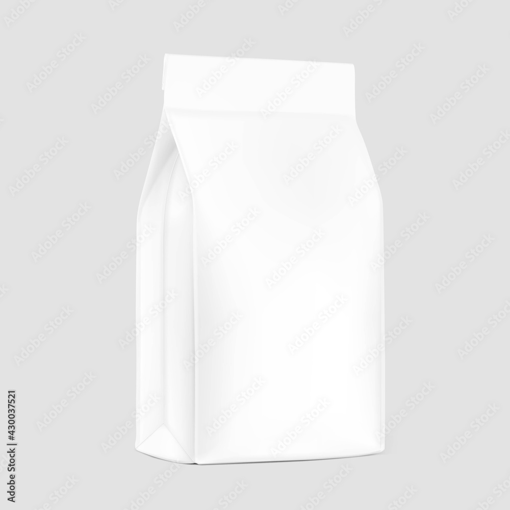 Realistic food bag isolated on white background. Front view. Vector illustration. Can be use for template your design, presentation, promo, ad. EPS 10. Realistic food bag isolated on white background. Front view. Vector illustration. Can be use for template your design, presentation, promo, ad. EPS 10.