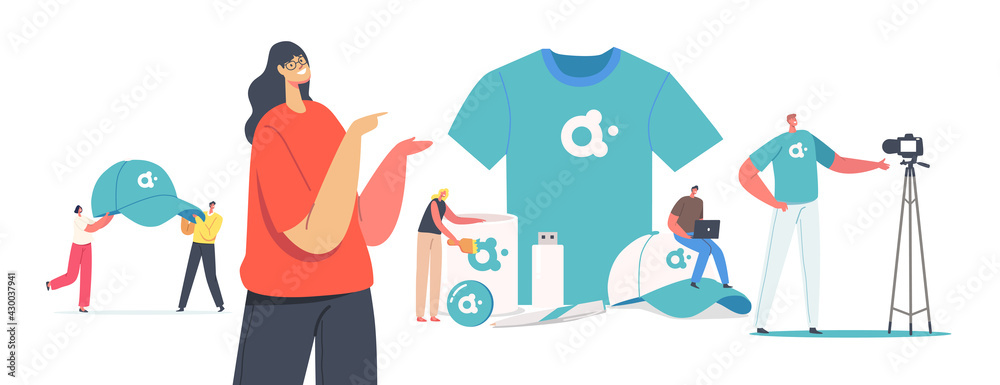 Tiny Characters with Huge Promotional Products for Brand Identity. Woman Presenting T-Shirt, Cap, Memory Stick