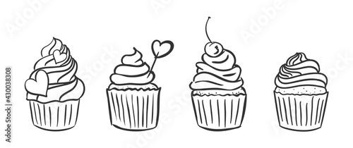 Cupcake icons set with cream, hearts and berries. Muffins with decorations in a linear style.