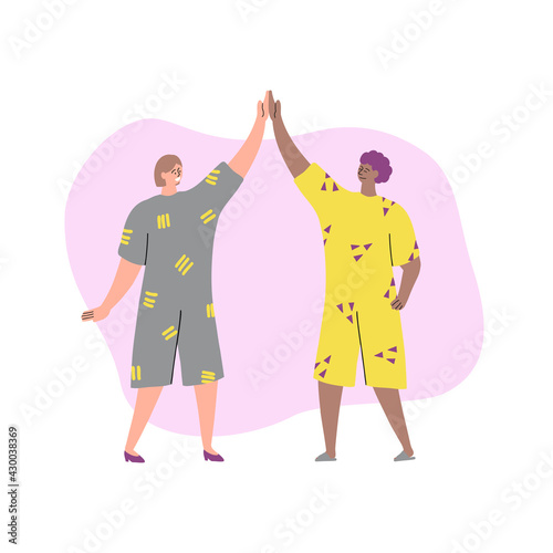 Two young happy people in gender neutral clothes giving high five. Gender identity, equality and human rights concept.ector hand drawn flat illustration