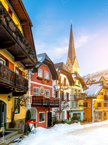 View of famous Hallstatt lakeside town in the Alps. Village in Austria