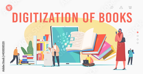 Books Digitization Landing Page Template. Librarian Characters Scanning Paper Pages Converting Information in Library