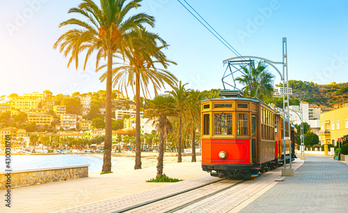 The famous orange tram runs from Soller to Port de Soller, Mallorca, Spain