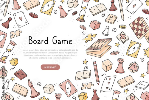 Hand drawn website banner template with of board game element. Doodle sketch style. Vector illustration for board game shop, store background, game competition banner, frame