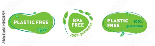 Plastic Free and BPA Free Guarantee Icons Set. Creative Labels for Ecology Nature Protection with Green Leaves