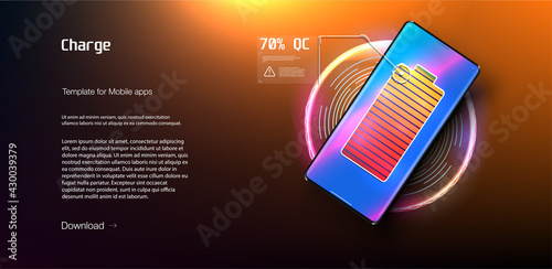 Futuristic phone is charged wirelessly on a blue background. Wireless charging. Wireless charging of the smartphone battery. Future concept. The progress of charging the battery of the phone. Vector