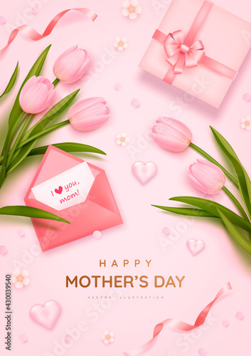 Mother's day poster or banner with realistic sweet hearts, bouquet of tulips, envelope and pink gift box on pink background. Vector illustration