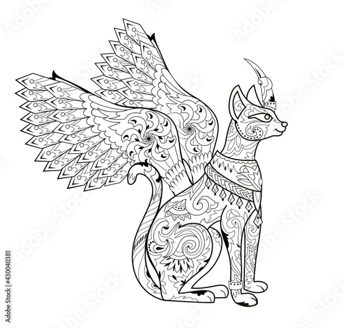 Illustration of magic fairyland animal from ancient legend. Black and white page for kids coloring book. Print for logo or tattoo. Sheet for drawing and meditation for children and adults.