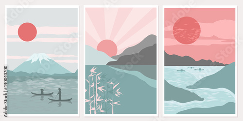 Set modern minimalist art abstraction poster. Mount Fuji sunrise landscape Japan panorama, fishermen in boats, lake. The concept of nature, travel, and oriental color. Vector graphics