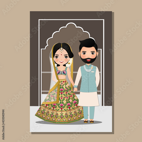  Wedding invitation card the bride and groom cute couple in traditional indian dress cartoon character. Vector illustration.