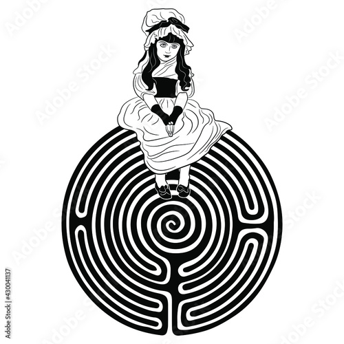 Pretty little girl in vintage dress sitting on top of round spiral maze or labyrinth symbol. Creative philosophical concept for human life. Vita brevis. Black and white silhouette.