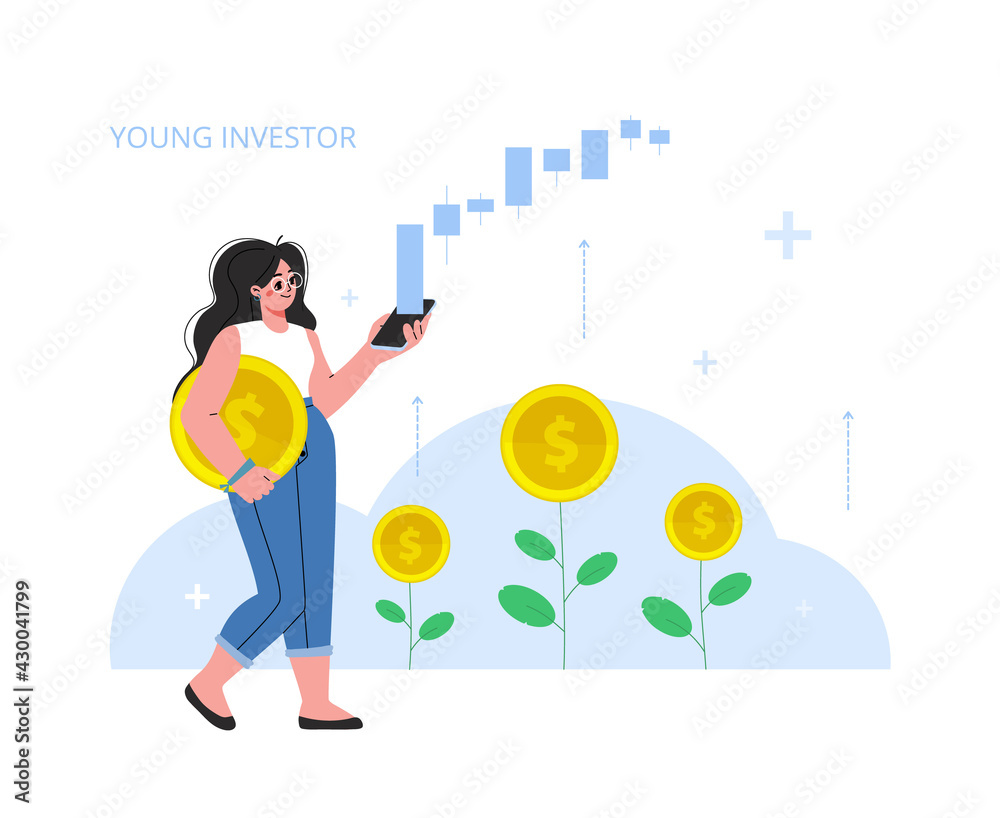 A young girl investor,carrying a coin in her hand and holding a phone.Exchange rate on the app.Flat vector illustration.