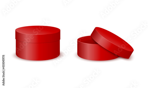 Red round cardboard boxes mockup. Closed and open cylinder packages isolated on white background. Containers for gift, hat, cosmetics, cookies. Vector realistic illustration.