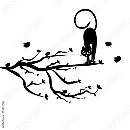 Gato negro subido en rama de un árbol.