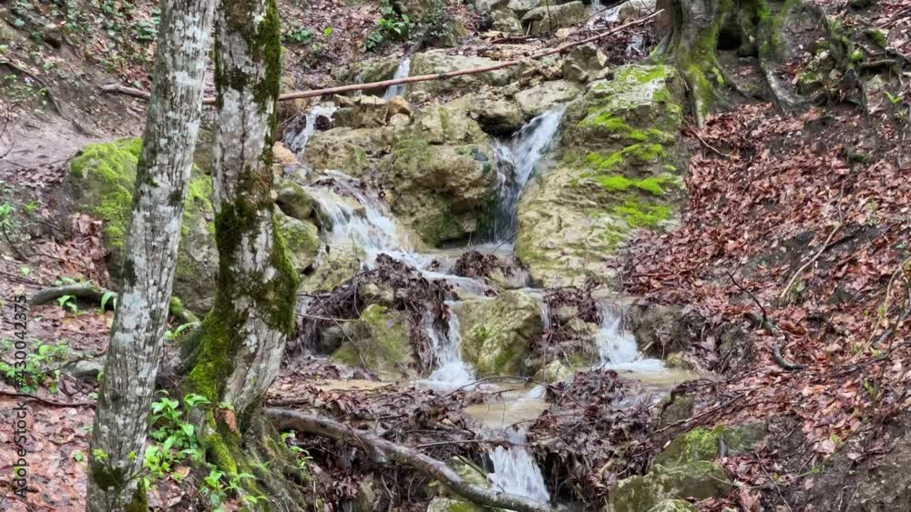 Small rapid stream flowing on rocks. Mountain clean waterway flowing down through mountainous terrain in wood. Small rapid stream flowing on rocks. Mountain clean waterway flowing down through mountainous terrain in wood.