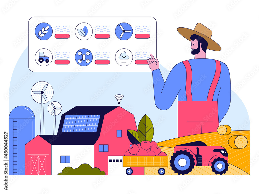 Smart farming concept. Farmers runs farm on data gathering panel Smart farming concept. Farmers runs farm on data gathering panel