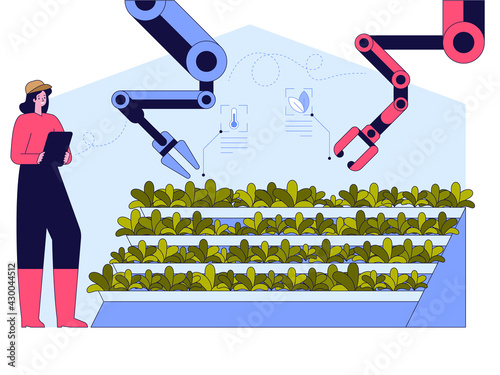 Smart farming concept. Woman controls monitoring automated system