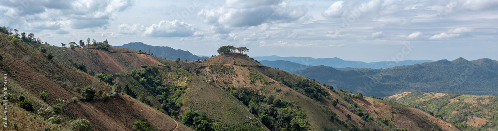 Panorama of beautiful hills along the hike from Kalaw to Inle Lake