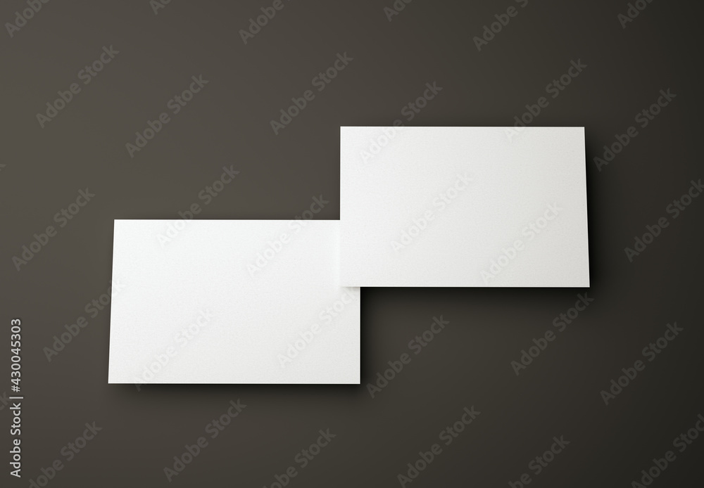 3D Illustration. Mockup of two business cards design template on isolated black background. Business and branding identity concept. 3D Illustration. Mockup of two business cards design template on isolated black background. Business and branding identity concept.