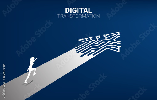 Silhouette of businessman running on the way with dot connect line circuit. concept of digital transformation of business.