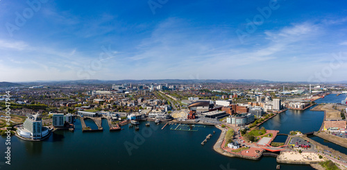 Panoramic aerial view of Cardiff Bay with the city centre in the background photo