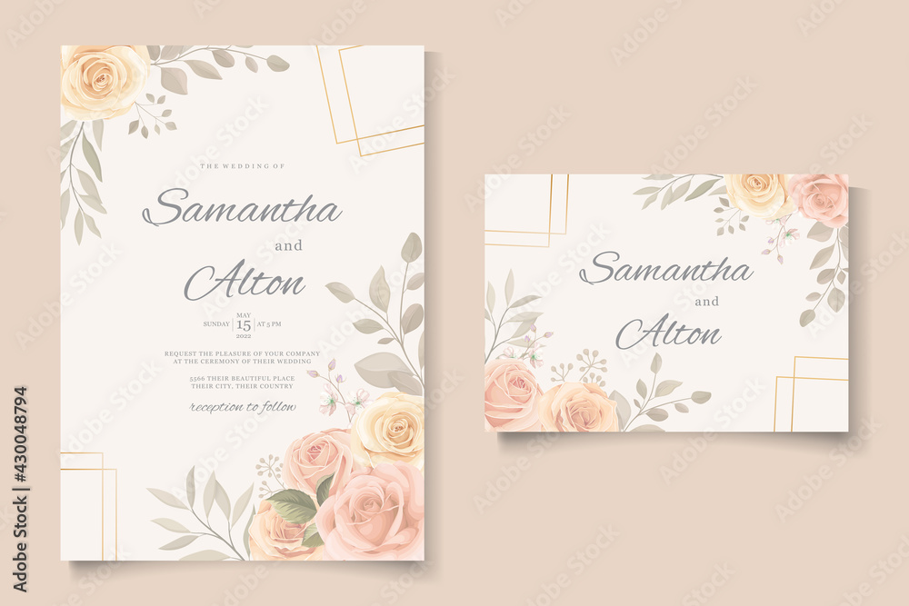 Elegant wedding invitation template with soft color blooming roses flower