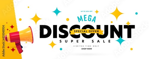 Banner announcing mega discount with half price reduction. Special offer with 50 percent off advertisement. Promotion poster template with limited time super sale vector illustration photo