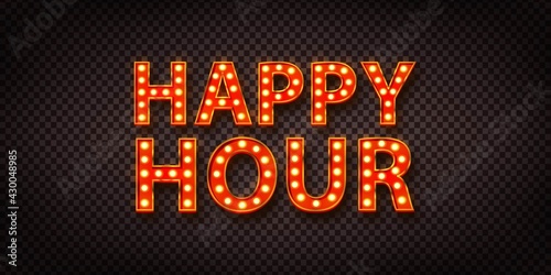 Vector realistic isolated red marquee text of Happy Hour logo for decoration on the transparent background.