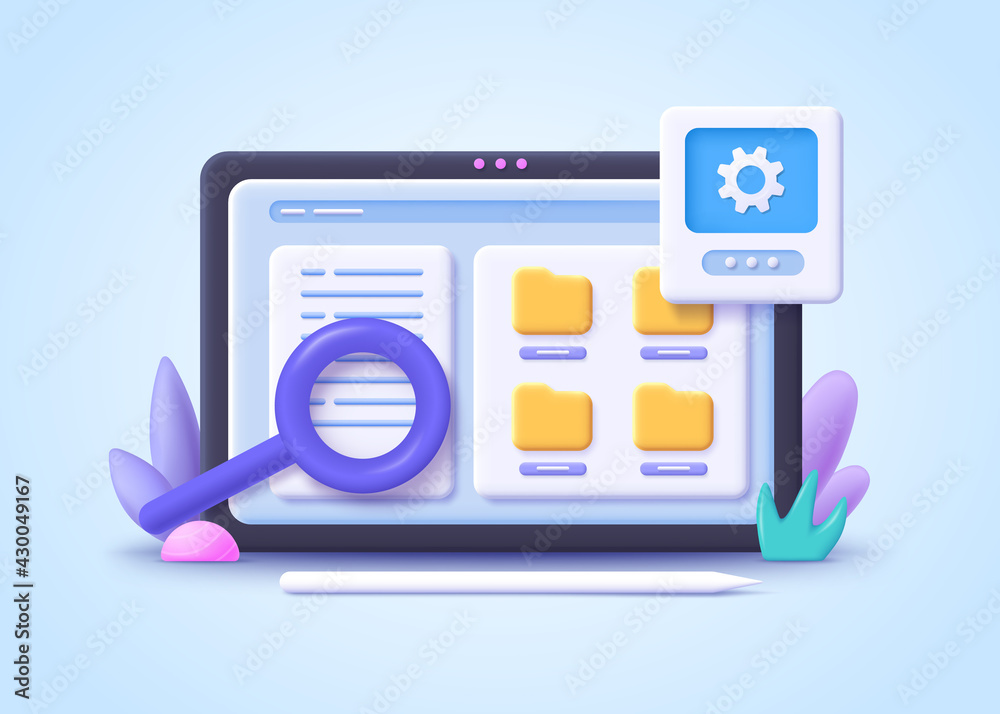 Concept of File management. Searching files in database. Document management soft, document flow app, compound docs concept. 3d vector illustration. Concept of File management. Searching files in database. Document management soft, document flow app, compound docs concept. 3d vector illustration.