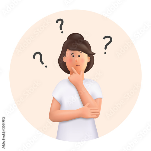 3D cartoon character. Young woman in a thoughtful pose. Choice concept, woman thinking, with question mark.  3d vector illustration.