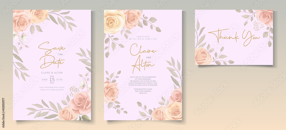 Elegant wedding invitation template with soft color blooming roses flower