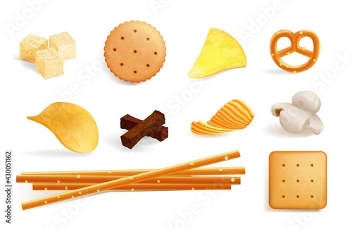 Cracker cookie, chips, crouton and candy snack set