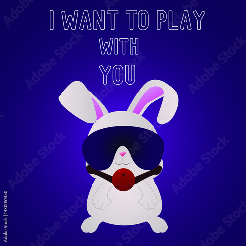 Funny rabbit print for T-shirt. The concept of flirting. Logo for a sex shop. Rabbit in BDSM accessories