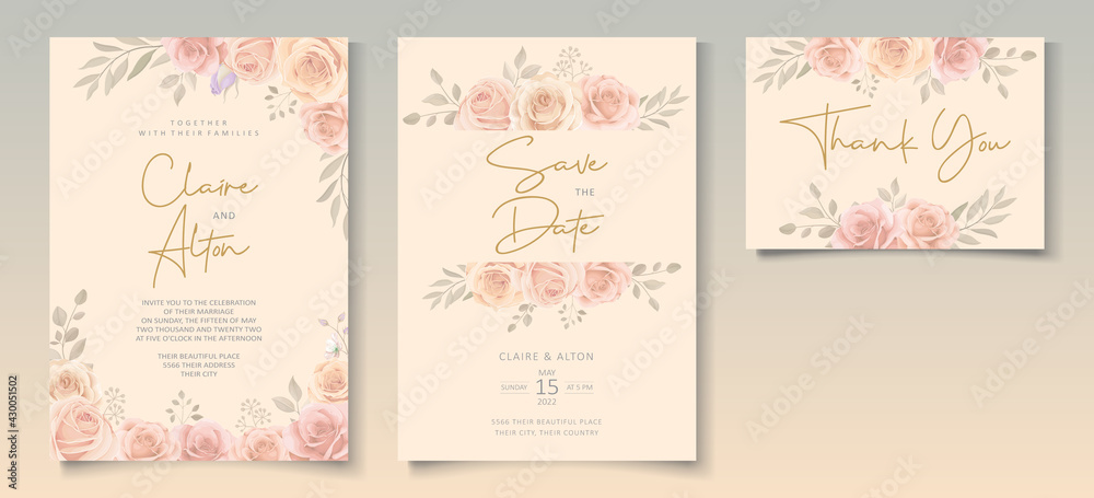 Elegant wedding invitation template with soft color blooming roses flower