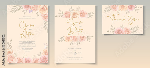 Elegant wedding invitation template with soft color blooming roses flower