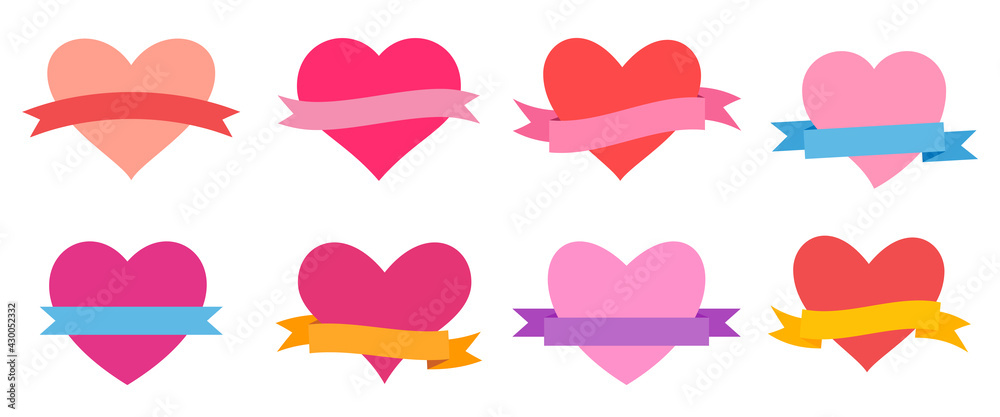 Love symbol ribbon icon set. Red and pink symetric hearts. Romantic abstract different shapes collection. Decorative element for invitation card. Isolated on white vector illustration in a flat style. Love symbol ribbon icon set. Red and pink symetric hearts. Romantic abstract different shapes collection. Decorative element for invitation card. Isolated on white vector illustration in a flat style.