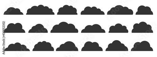 Black flat vector cloud set. Clouds cartoon symbols on white background for web site design  logo  app. Bubble icon collection for infographic design. Label and stickers