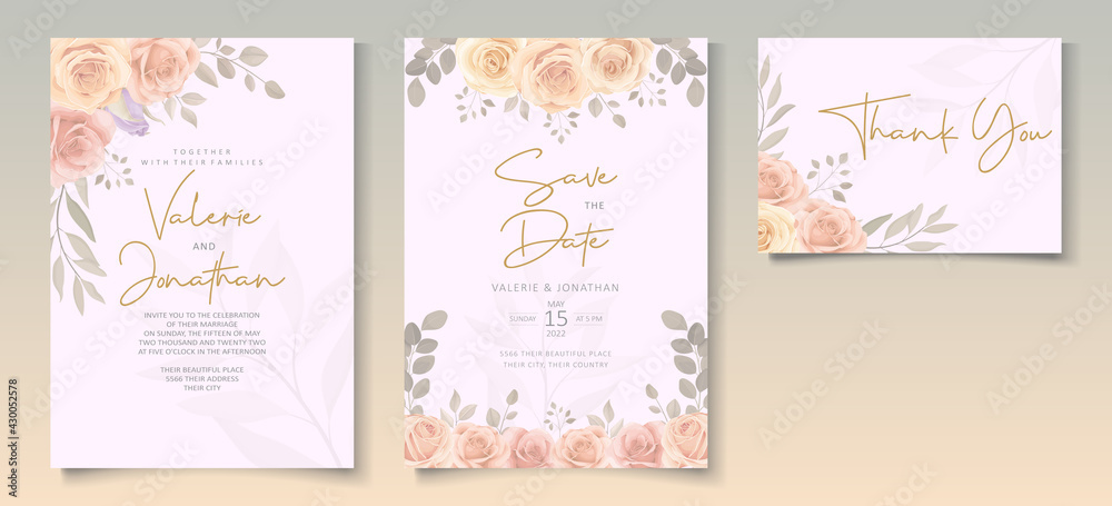 Elegant wedding invitation template with soft color blooming roses flower