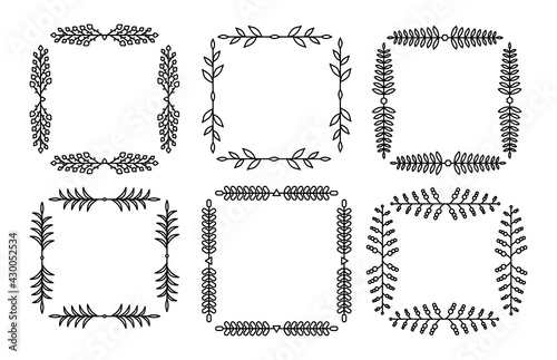 Branch square line set. Flourish retro ornament divider. Herbal ornate doodle design elements. Vintage botanical border. Wedding invitation, greeting card, scrapbook stamp, winner wreath floral decor