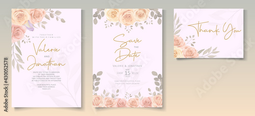 Elegant wedding invitation template with soft color blooming roses flower